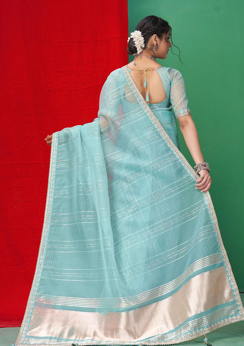 Sky Blue Woven Sequin Embroidered Organza Saree Set
