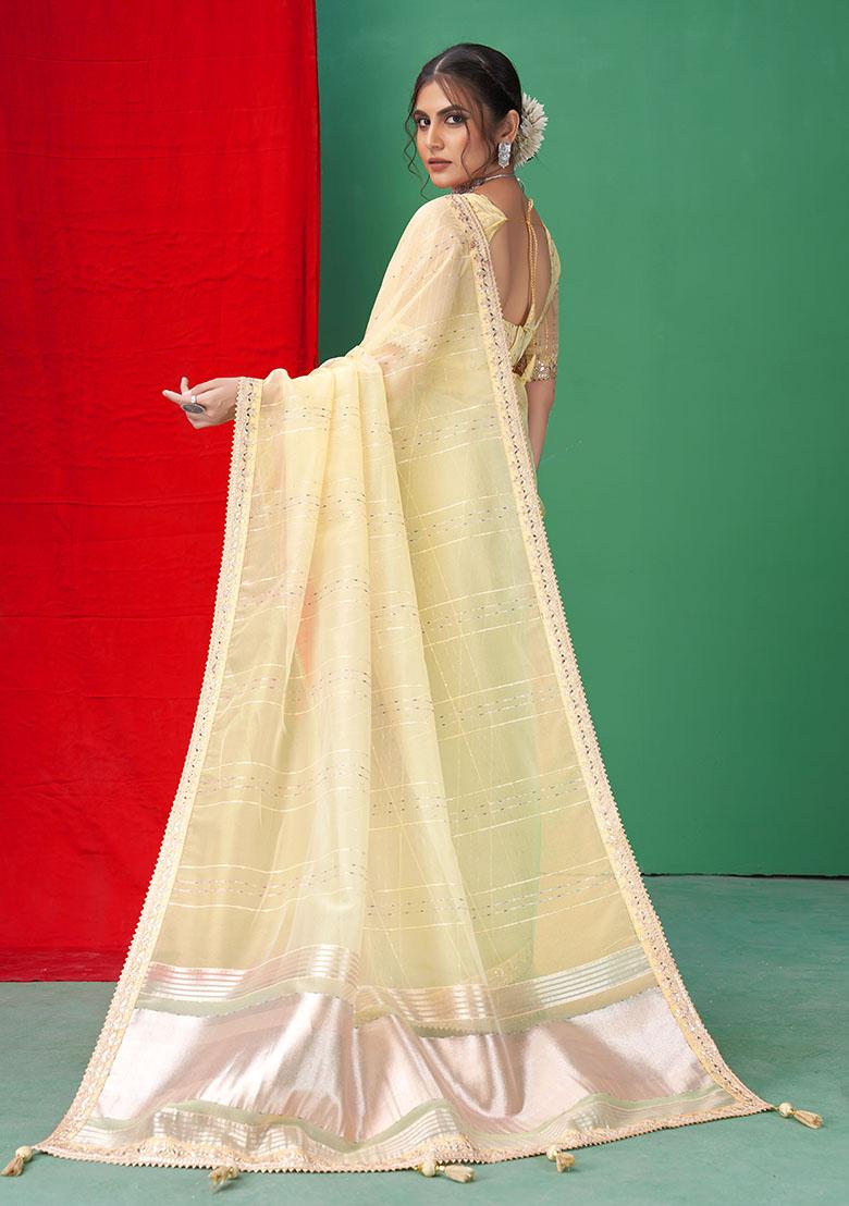 Cream Woven Sequin Embroidered Organza Saree Set