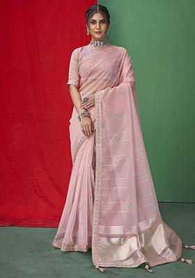 Pink Woven Sequin Embroidered Organza Saree Set