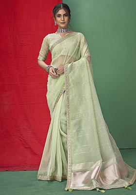 Pista Green Woven Sequin Embroidered Organza Saree Set