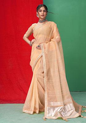 Orange Woven Sequin Embroidered Organza Saree Set