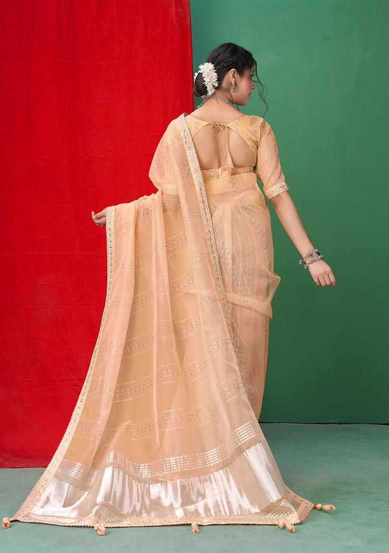 Orange Woven Sequin Embroidered Organza Saree Set