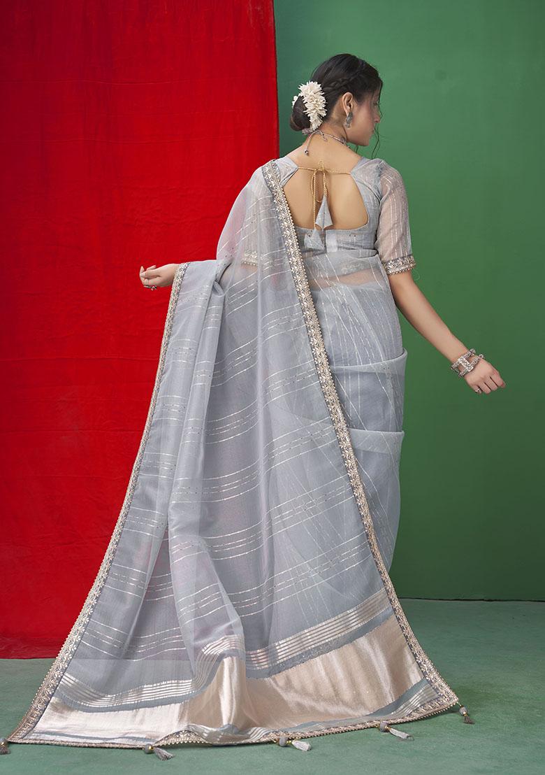 Sky Blue Woven Sequin Embroidered Organza Saree Set
