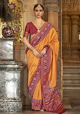 Orange Printed Woven Silk Saree Set