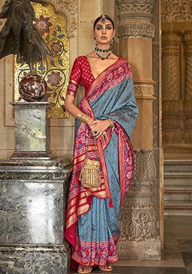 Sky Blue Printed Woven Silk Saree Set