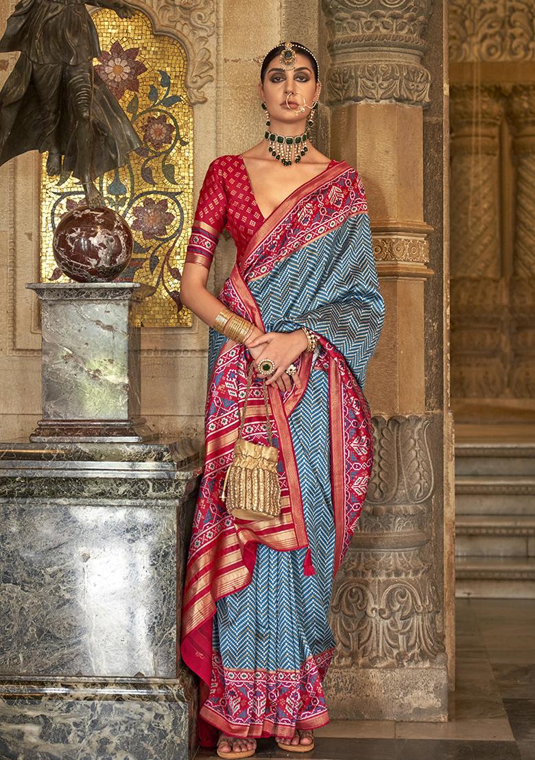 Sky Blue Printed Woven Silk Saree Set