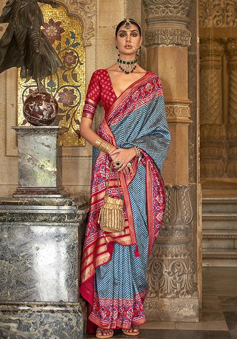 Sky Blue Printed Woven Silk Saree Set