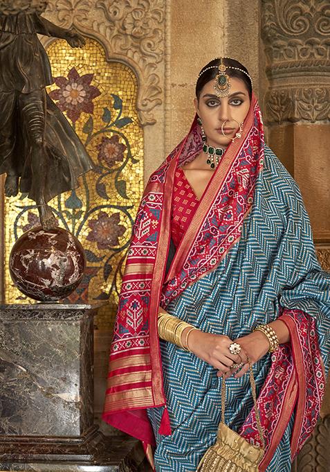 Sky Blue Printed Woven Silk Saree Set