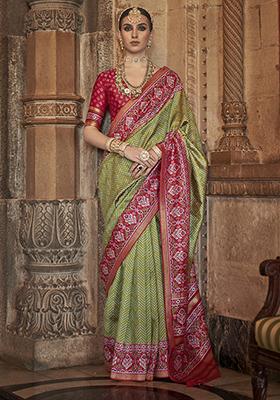 Mehendi Green Printed Woven Silk Saree Set