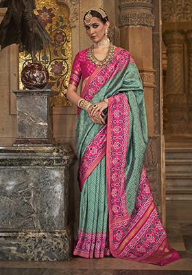 Rama Green Printed Woven Silk Saree Set