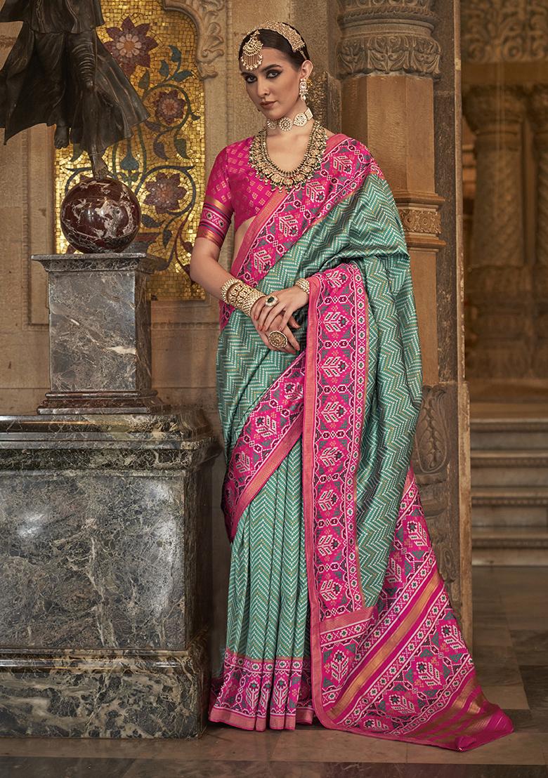 Rama Green Printed Woven Silk Saree Set