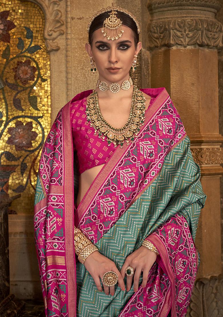 Rama Green Printed Woven Silk Saree Set