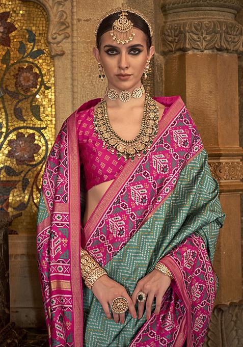 Rama Green Printed Woven Silk Saree Set