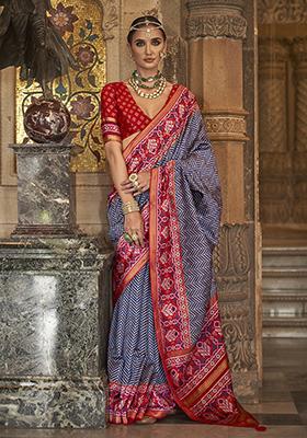Navy Blue Printed Woven Silk Saree Set