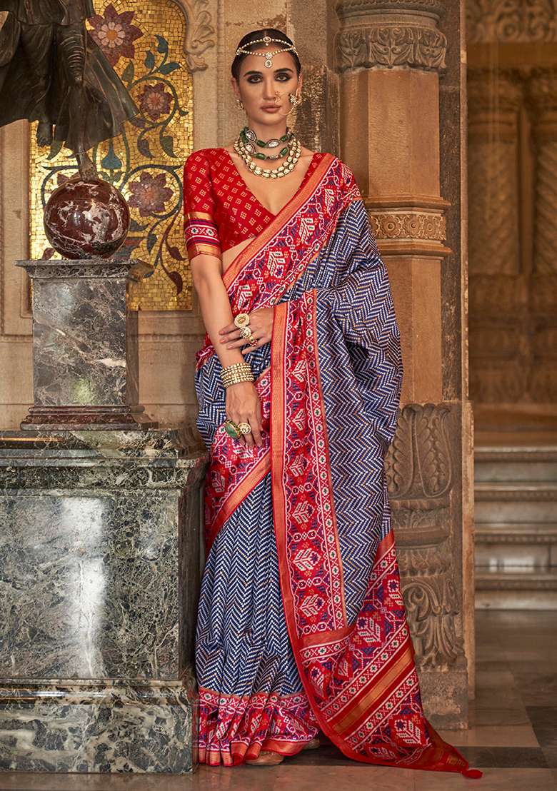 Navy Blue Printed Woven Silk Saree Set - Indya