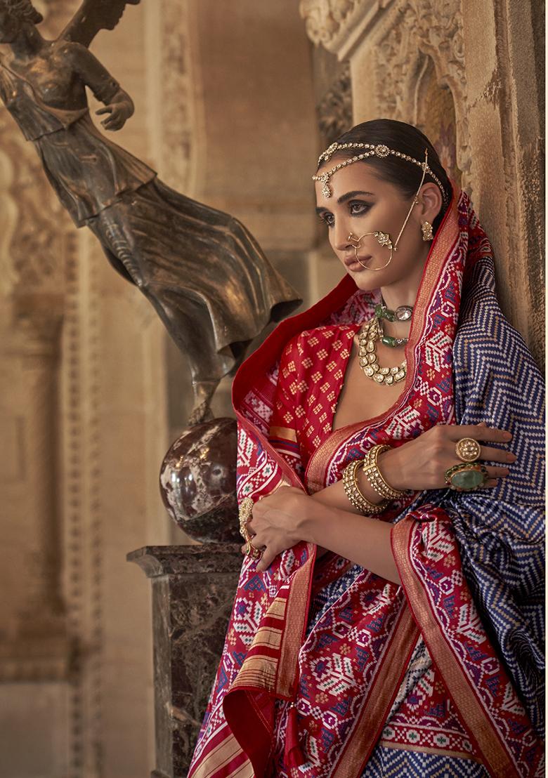 Navy Blue Printed Woven Silk Saree Set