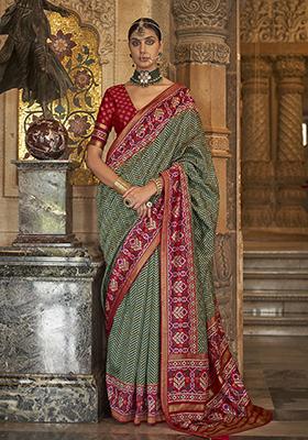 Green Printed Woven Silk Saree Set
