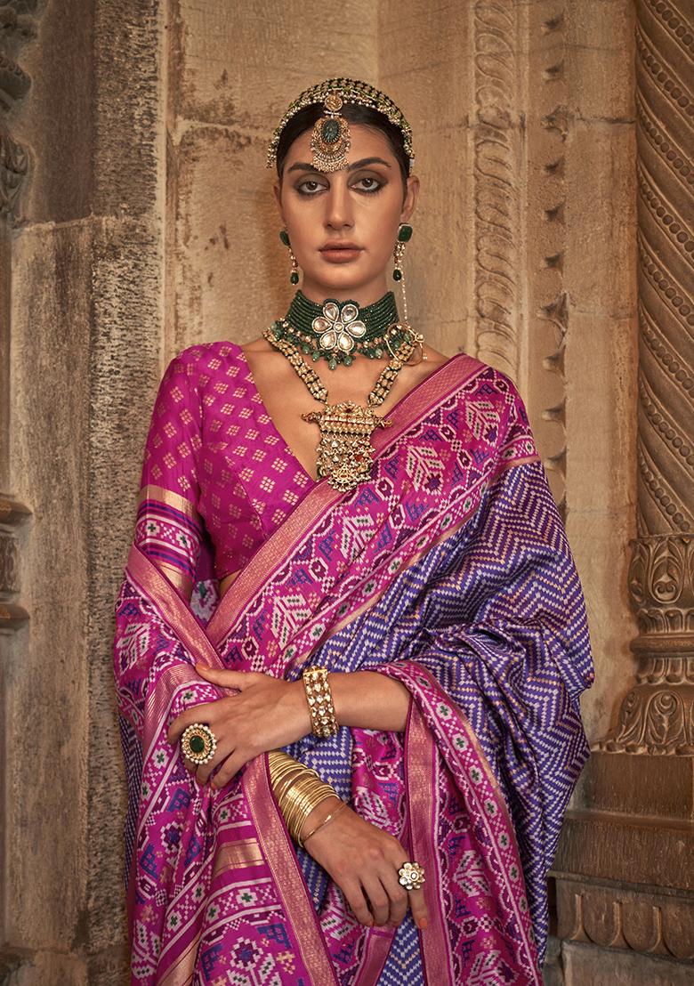 Lavender Printed Woven Silk Saree Set