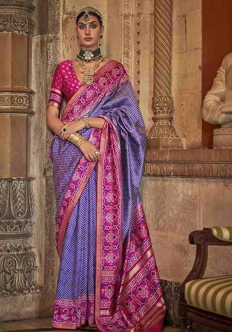 Lavender Printed Woven Silk Saree Set
