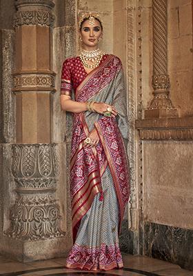 Grey Printed Woven Silk Saree Set