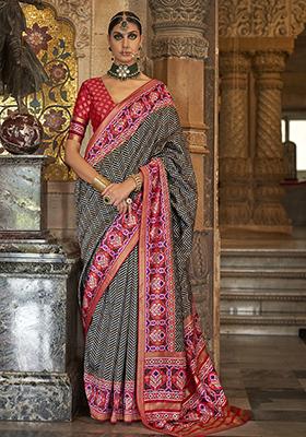 Black Printed Woven Silk Saree Set