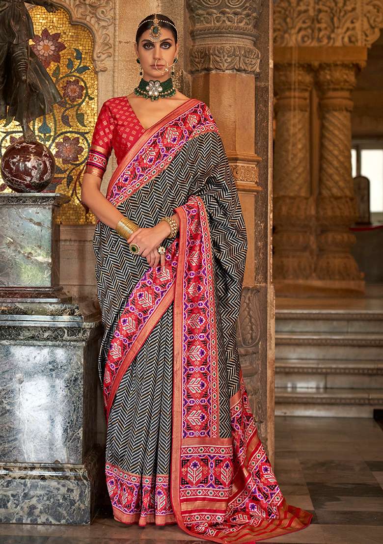 Black Printed Woven Silk Saree Set - Indya