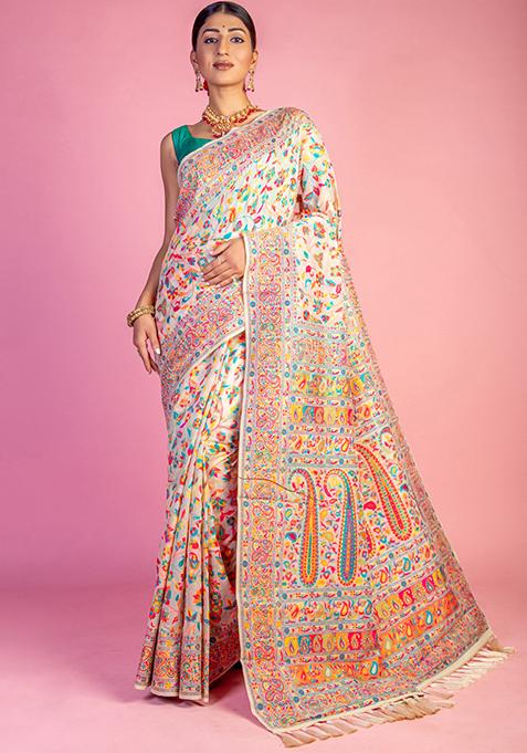 Cream Zari Woven Kashmiri Pashmina Saree Set