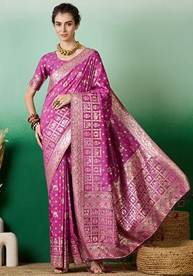 Purple Zari Woven Staple Cotton Saree Set
