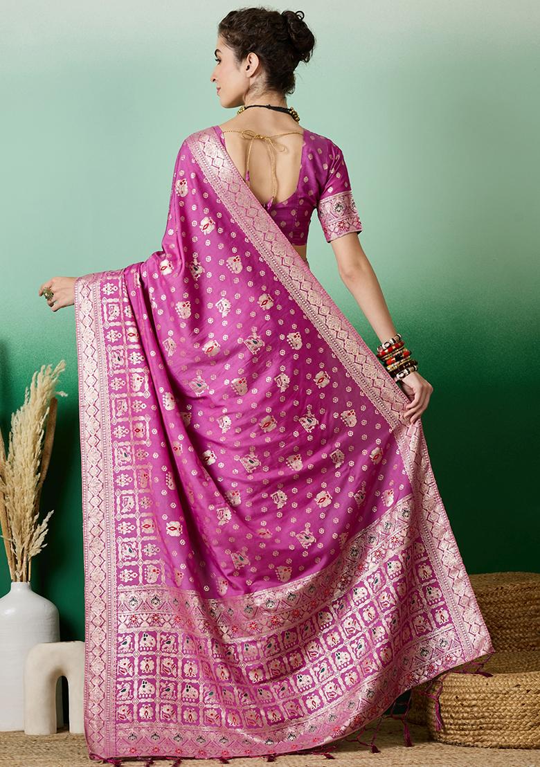 Purple Zari Woven Staple Cotton Saree Set
