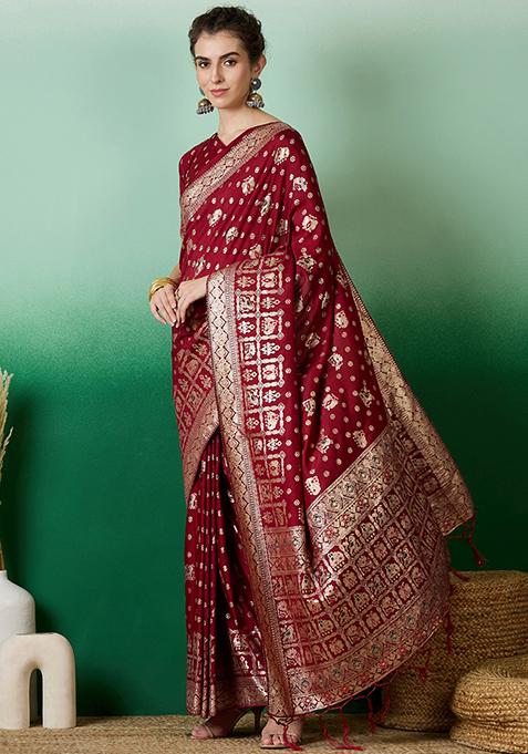 Maroon Zari Woven Staple Cotton Saree Set