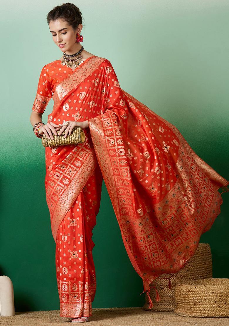 Orange Zari Woven Staple Cotton Saree Set