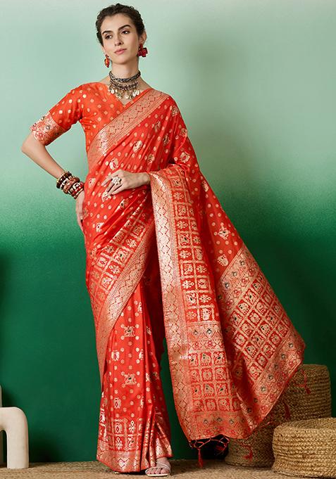 Orange Zari Woven Staple Cotton Saree Set