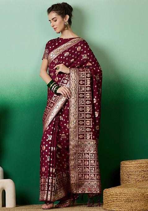 Wine Zari Woven Staple Cotton Saree Set