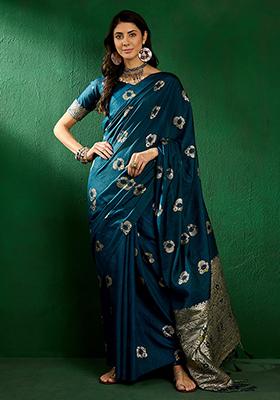 Teal Zari Woven Staple Cotton Saree Set