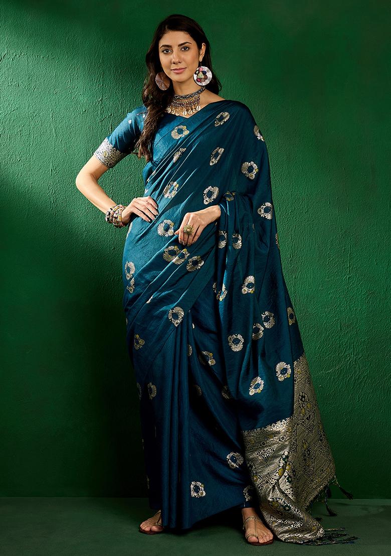 Teal Zari Woven Staple Cotton Saree Set