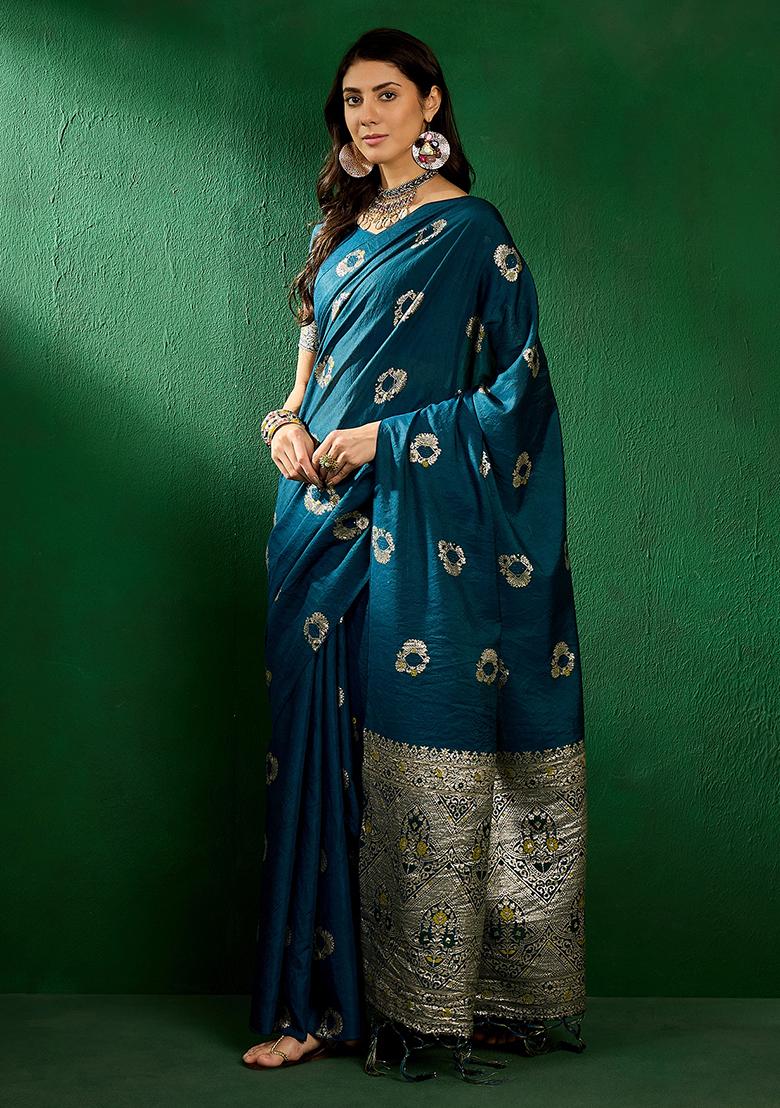 Teal Zari Woven Staple Cotton Saree Set