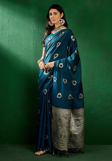 Teal Zari Woven Staple Cotton Saree Set