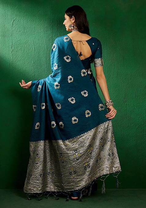 Teal Zari Woven Staple Cotton Saree Set