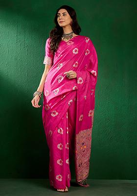 Pink Zari Woven Staple Cotton Saree Set