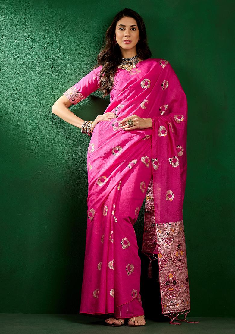 Pink Zari Woven Staple Cotton Saree Set