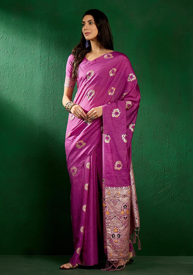 Purple Zari Woven Staple Cotton Saree Set