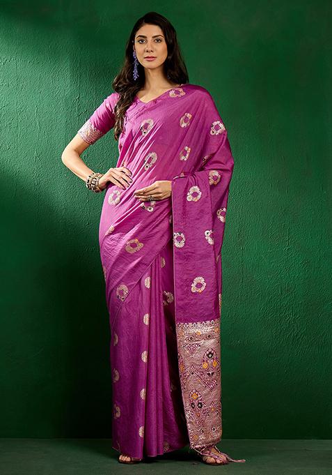 Purple Zari Woven Staple Cotton Saree Set