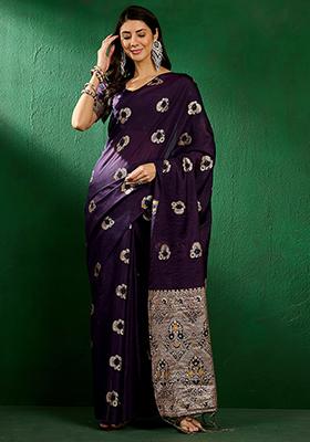 Violet Zari Woven Staple Cotton Saree Set