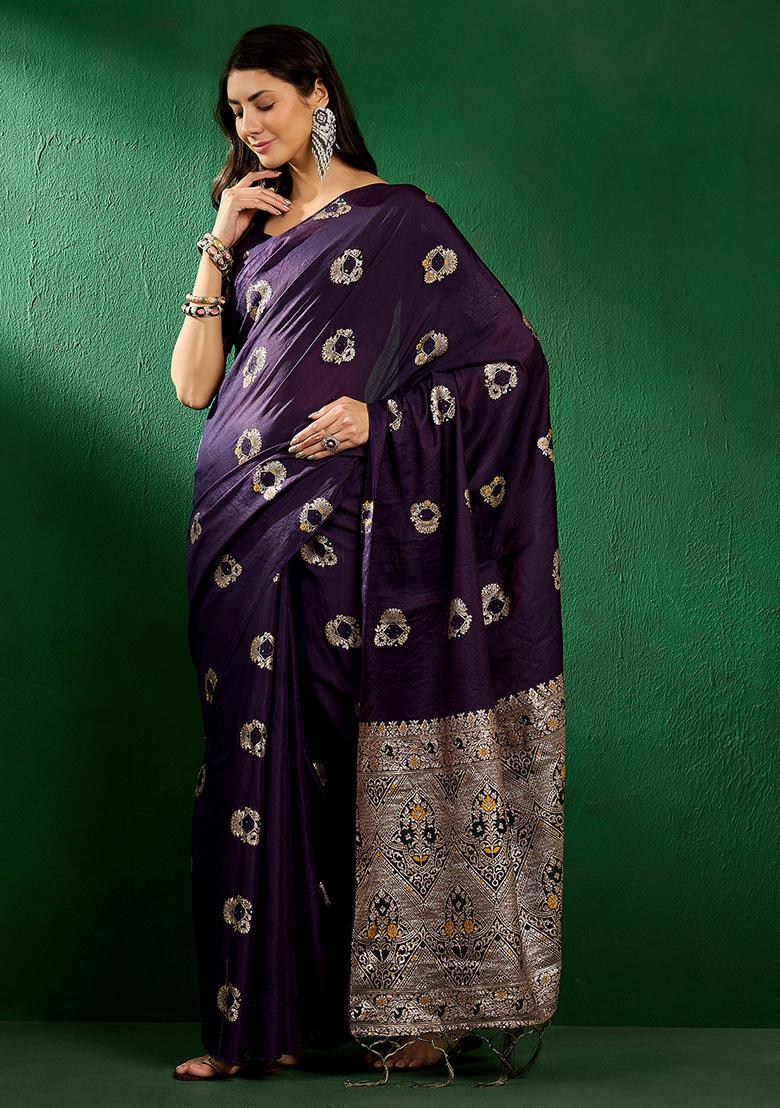 Violet Zari Woven Staple Cotton Saree Set