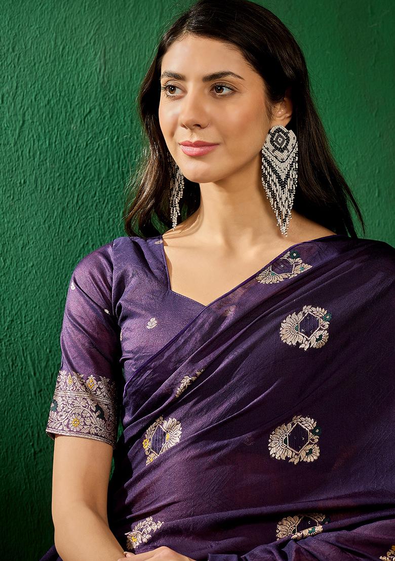 Violet Zari Woven Staple Cotton Saree Set