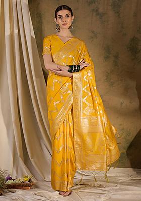 Mustard Zari Woven Staple Cotton Saree Set