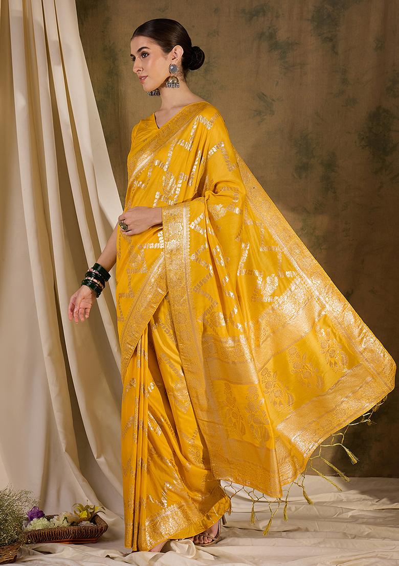 Mustard Zari Woven Staple Cotton Saree Set