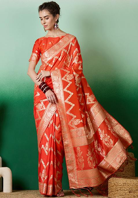 Orange Zari Woven Staple Cotton Saree Set