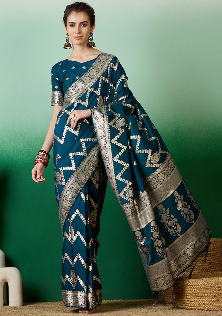 Teal Zari Woven Staple Cotton Saree Set