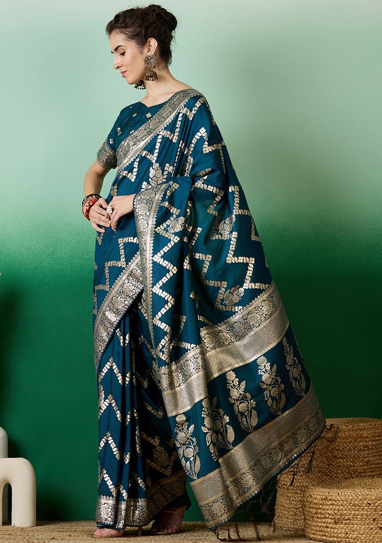 Teal Zari Woven Staple Cotton Saree Set